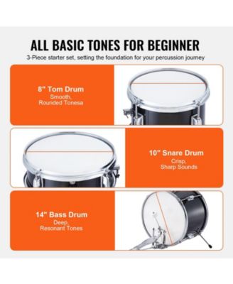 Kids Drum Set 3-Piece 14" Beginner Kit with Throne Pedal Sticks Black