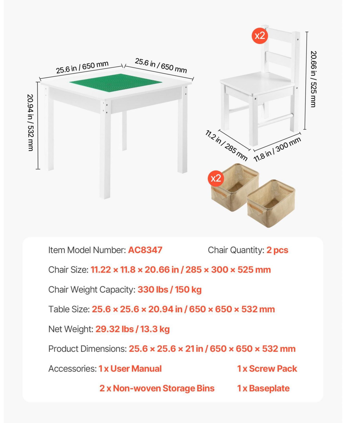 Детская игрушка HONGGE Kids Reversible Block-Compatible Activity Table With 2 Chairs, Ages 3+, цвет: Белый — фото 3