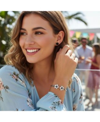 Romantic Bali-Inspired Plumeria Cuff Bracelet with Black Rose Floral Stud Earrings Jewelry Set Silver Plated