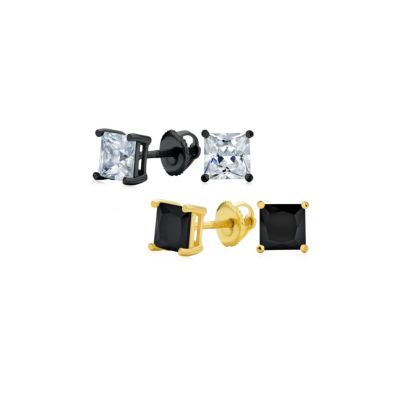 Princess Cut Clear Black CZ Stud Earrings Sterling Silver Screwback 6MM