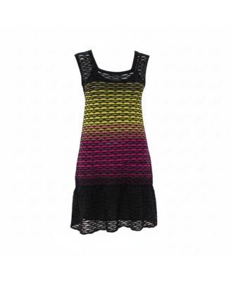 Multicolor Perforated Knit Ruffle Detail Shift Dress