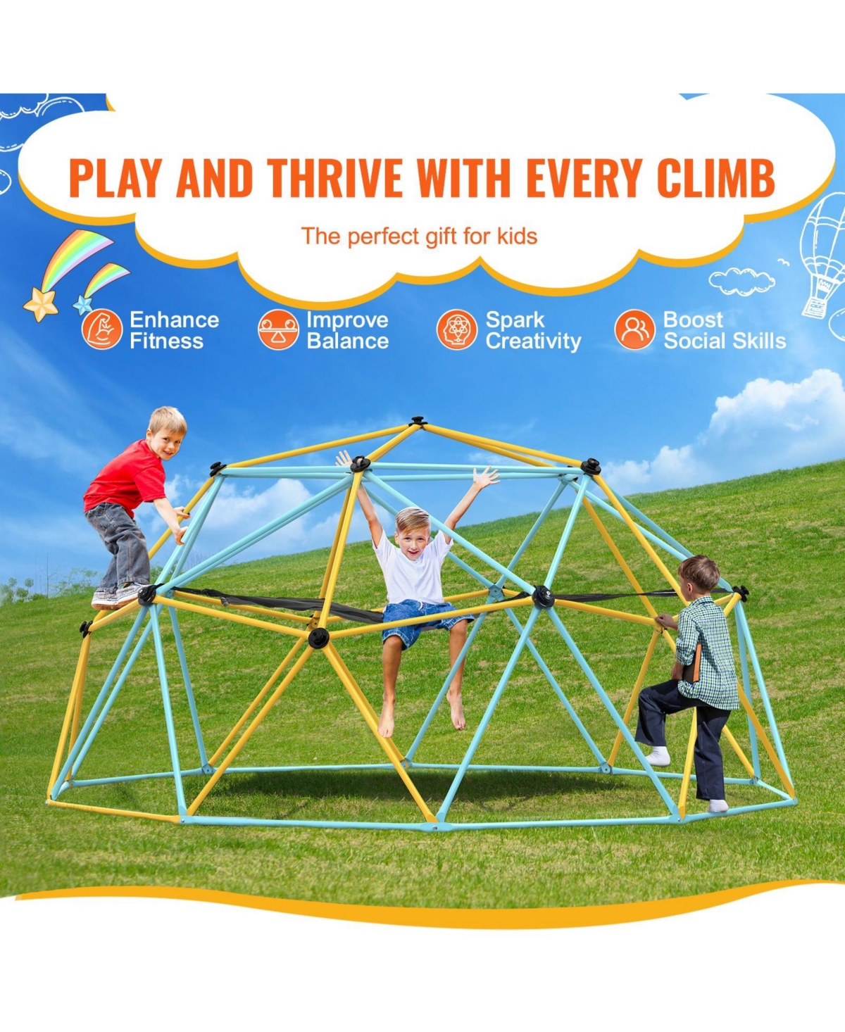 Sugift 10FT Kids Climbing Dome with Hammock and Swing 750 Lb Capacity