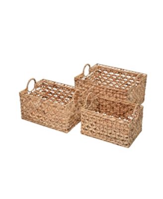 Quinn Bohemian Cottage Woven Hyacinth Rectangular Storage Baskets with Handles, Set of 3