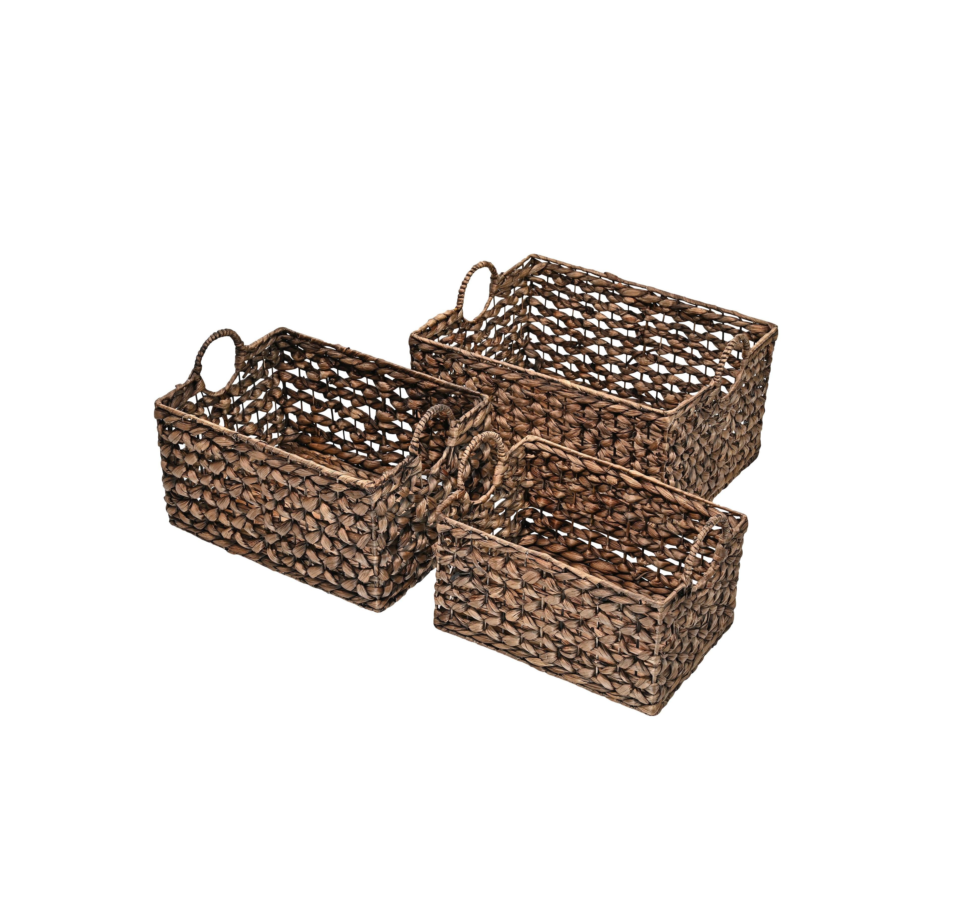 Happimess Quinn Bohemian Cottage Woven Hyacinth Rectangular Storage Baskets with Handles, Set of 3