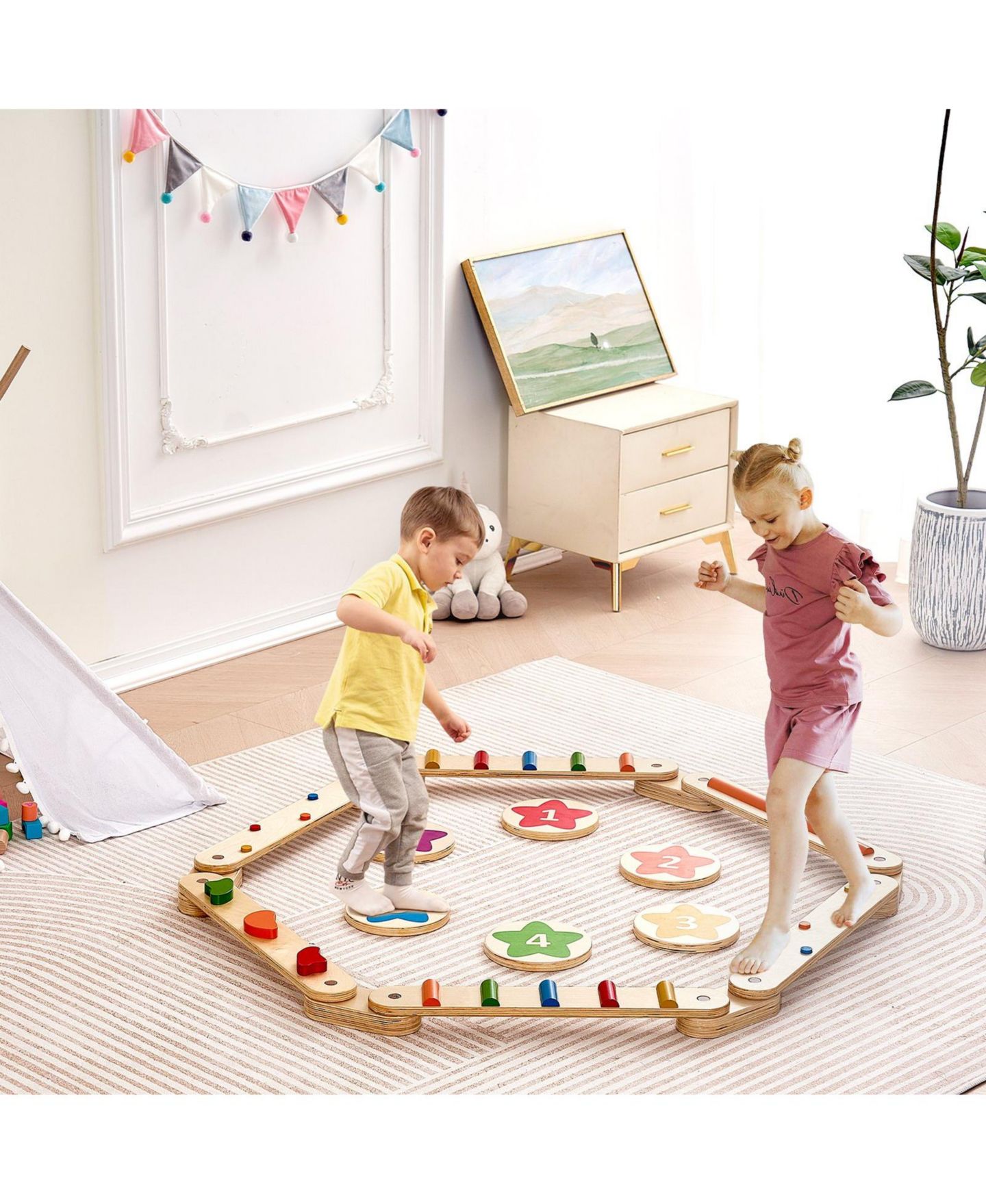 Детские игрушки HONGGE Kids Wooden Balance Beam and Stepping Stones Obstacle Course Set, 6-Piece, Ages 2+ — фото 3