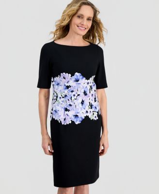Women's Printed Scuba Crepe Elbow-Sleeve Sheath Dress