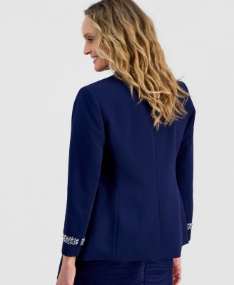 Women's Stretch Crepe Collarless Embellished Bracelet-Sleeve Jacket