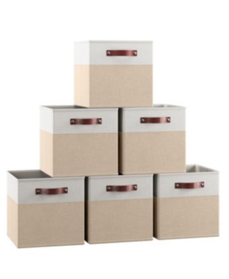 6 Pack Linen Fabric Kallax Storage Cube Bin with Faux Leather Handles