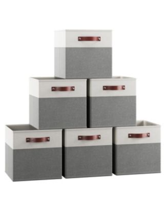 6 Pack Linen Fabric Kallax Storage Cube Bin with Faux Leather Handles