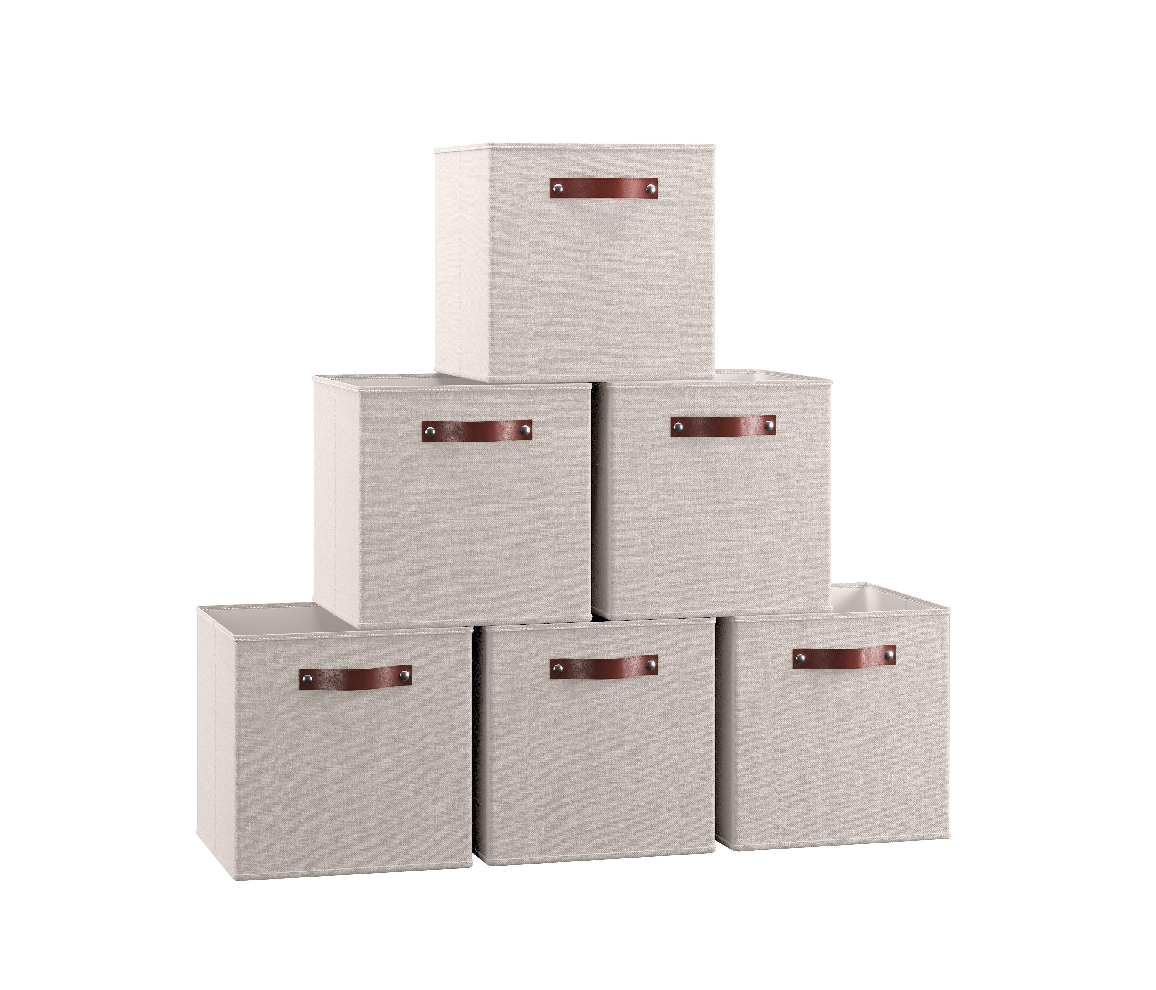 Ornavo Home 6 Pack Linen Fabric Kallax Storage Cube Bin with Faux Leather Handles
