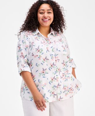 Plus Size Garden Button-Front Double Pocket Linen Shirt
