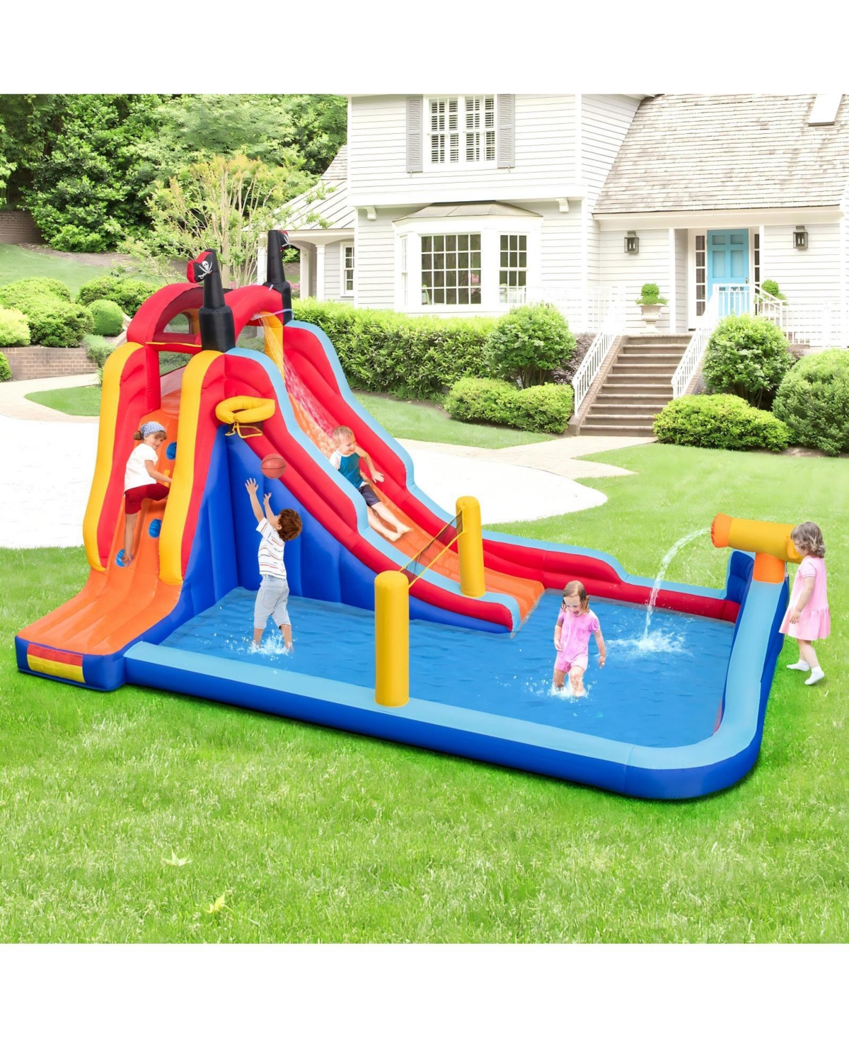 Hongge 5-in-1 Inflatable Water Slide Bounce House with Dual Slides, Splash Pool, and 735W Blower