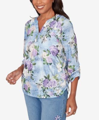 Women's Petite Hilton Head Denim Floral Applique Henley Top