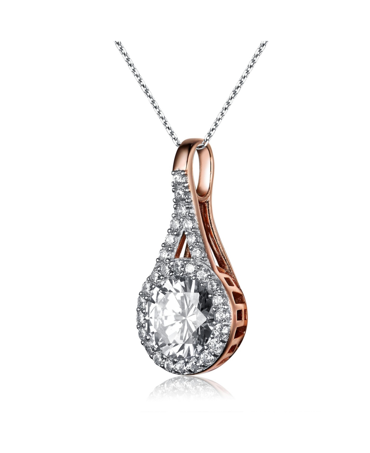 Sterling Silver with Haloed Clear Round Cubic Zirconia Solitaire a Split Bail Necklace
