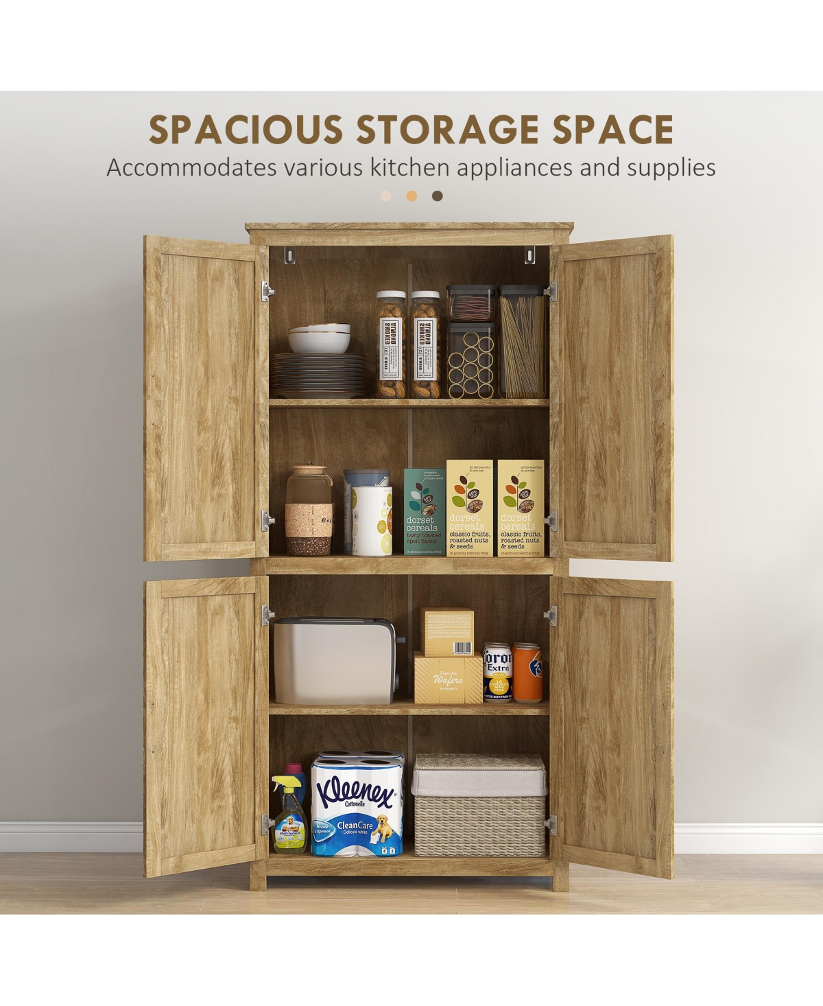 Homcom 64" Rat Kitchen Storage Cabinet with Adjustable Shelf, Natural