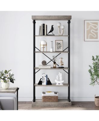 6 Tier Bookshelf Industrial Bookcase Wood Tall Standing Bookshelves Wood Vintage Display Rack Rustic Bookshelf