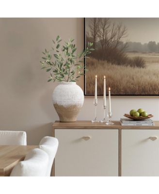 11" Rustic White & Brown Terracotta Vase, Vintage Wide-Body, Narrow-Mouth Ceramic Accent for Farmhouse Decor