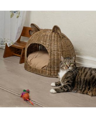 Cat Ear 20" x 14.5" Coastal Handwoven Rattan Pet Bed with Machine-Washable Cushion