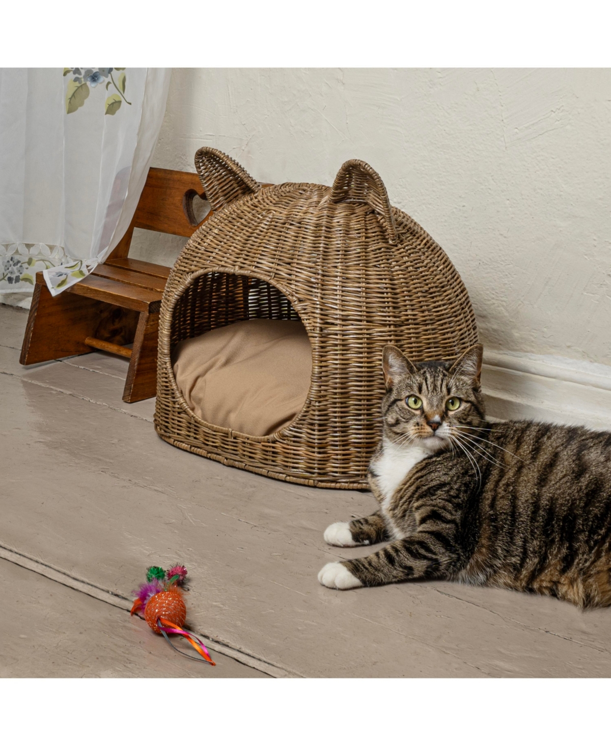 The Licker Store Cat Ear 20" x 14.5" Coastal Handwoven Rattan Pet Bed with Machine-Washable Cushion