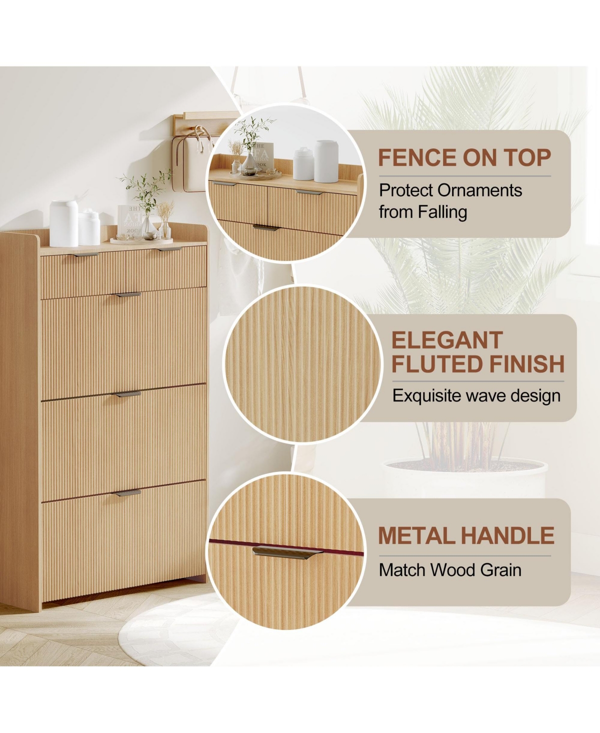 gaomon Modern Fluted Shoe Cabinet with 3 Flip Drawers, Slim Storage Organizer 2 Drawers