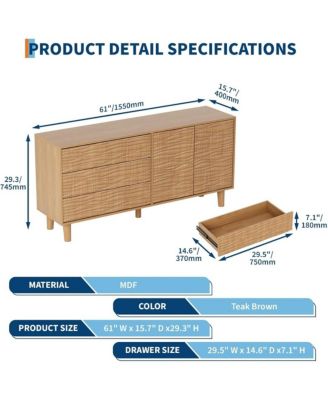 Modern Sideboard Buffet Cabinet with Undulating Fluted Design, 61 in Wood Kitchen Storage Cabinet with 3 Drawers & 2 Door, Accent Console Table