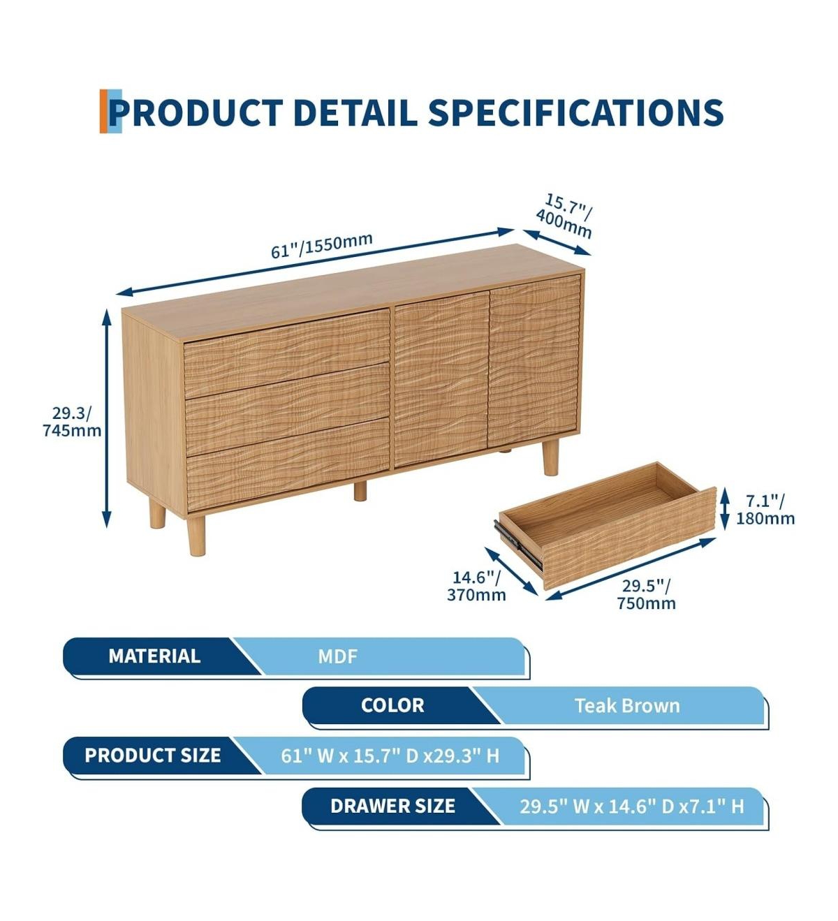 Gaomon Modern Sideboard Buffet Cabinet with Undulating Fluted Design, 61 in Wood Kitchen Storage Cabinet with 3 Drawers & 2 Door, Accent Console Table