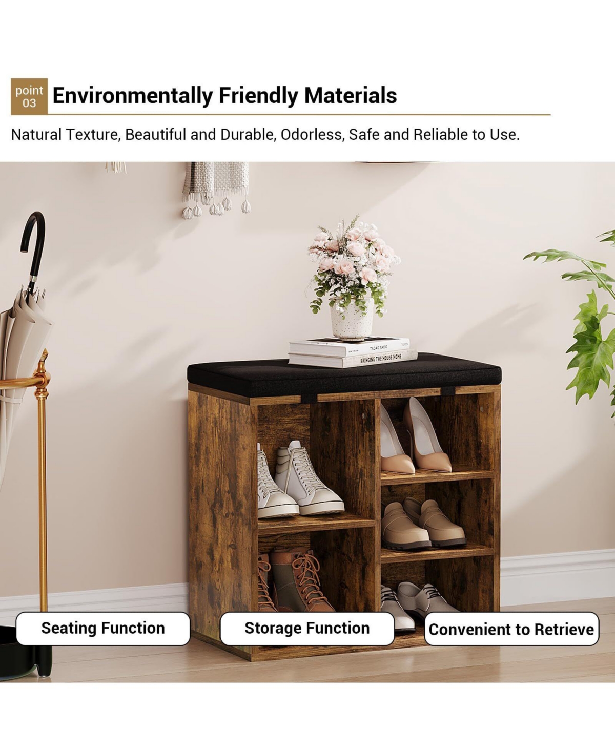 gaomon Shoe Storage Bench with Cushion, 20" Cubby Seat Shoe Cabinet, Cubby Seat Shoe Cabinet with 3-Tier Adjustable Shelf for Living Room Hallway, Gra