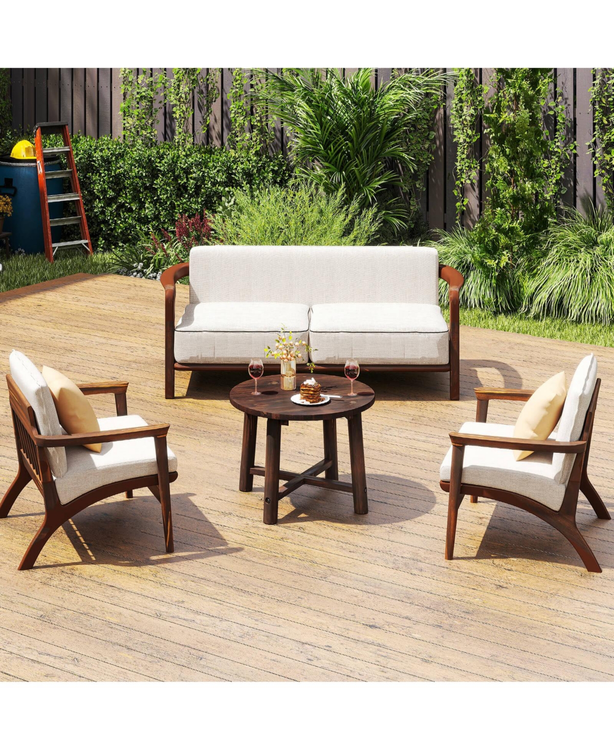 Costway Outdoor Side Table with Solid Wood Structure Small Round Coffee Table for Garden