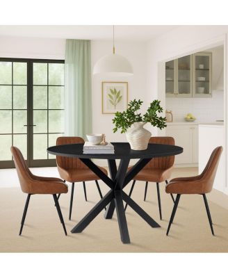 Modern 5-Piece Faux Leather Dining Set, Round Black Table with Metal Base and PU Chairs