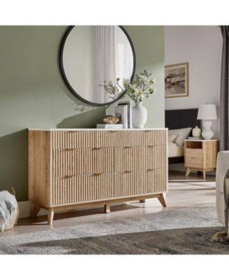 54" Wide Modern Fluted 7-Drawer Wood Dresser with Faux Marble Top, TV Stand and Drawer Organizer