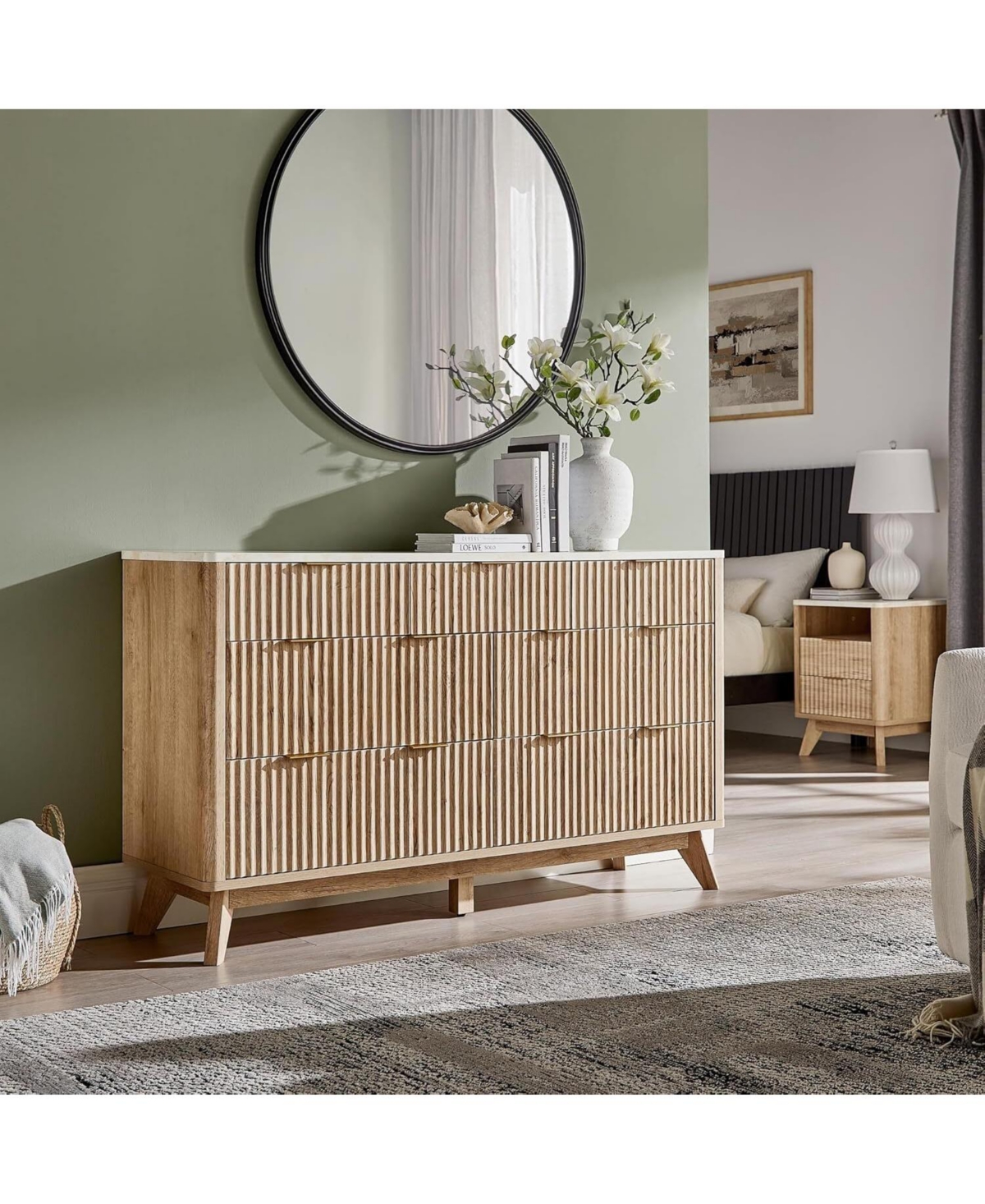 gaomon 54" Wide Modern Fluted 7-Drawer Wood Dresser with Faux Marble Top, Tv Stand and Drawer Organizer