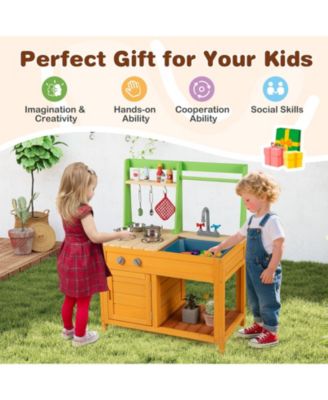 Wooden Outdoor Mud Kitchen Playset With Sink Stove And Accessories For Kids