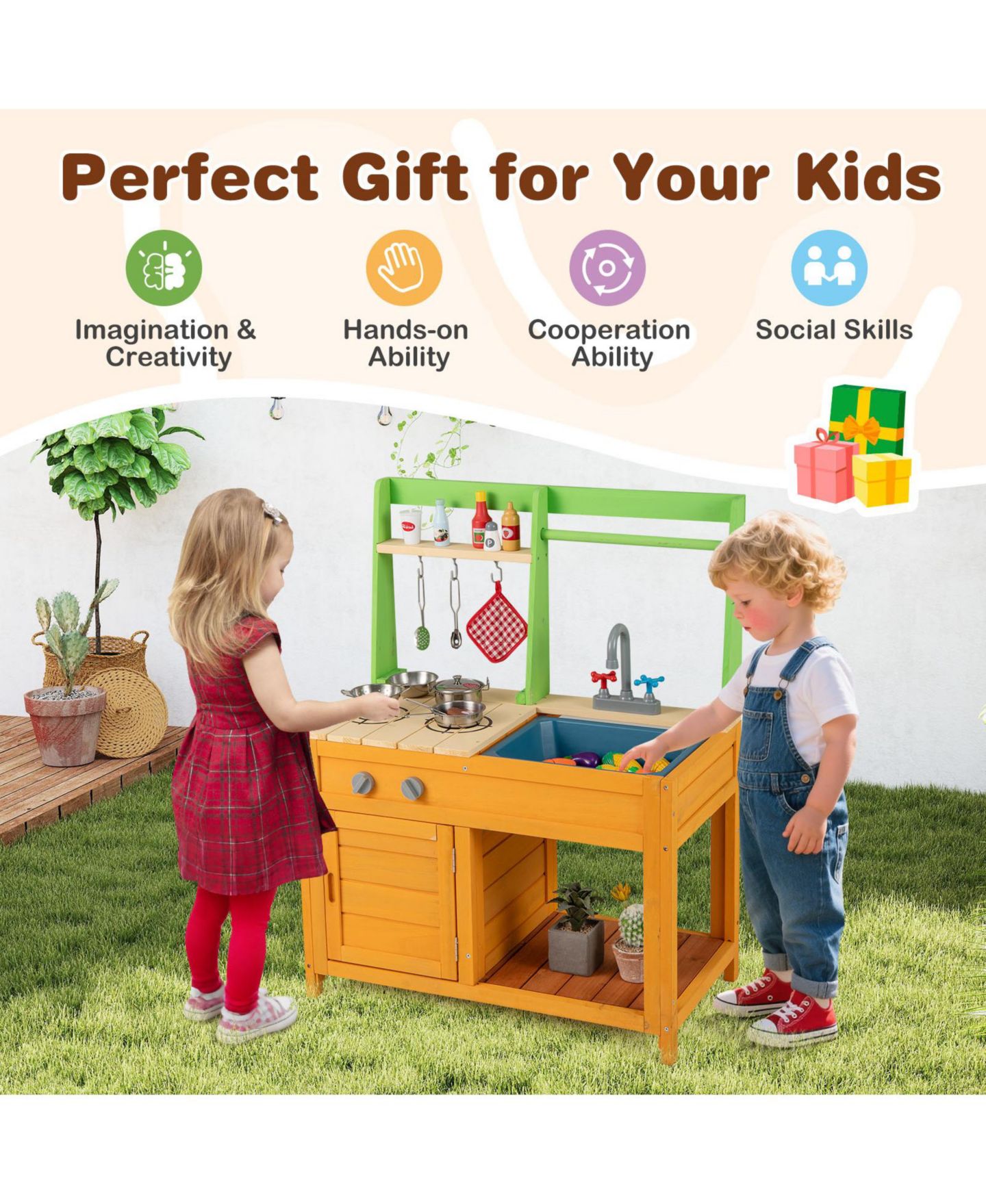 Детский игровой набор HONGGE Outdoor Wooden Mud Kitchen Playset With Sink and Stove, Ages 3+, цвет: Натуральный — фото 5