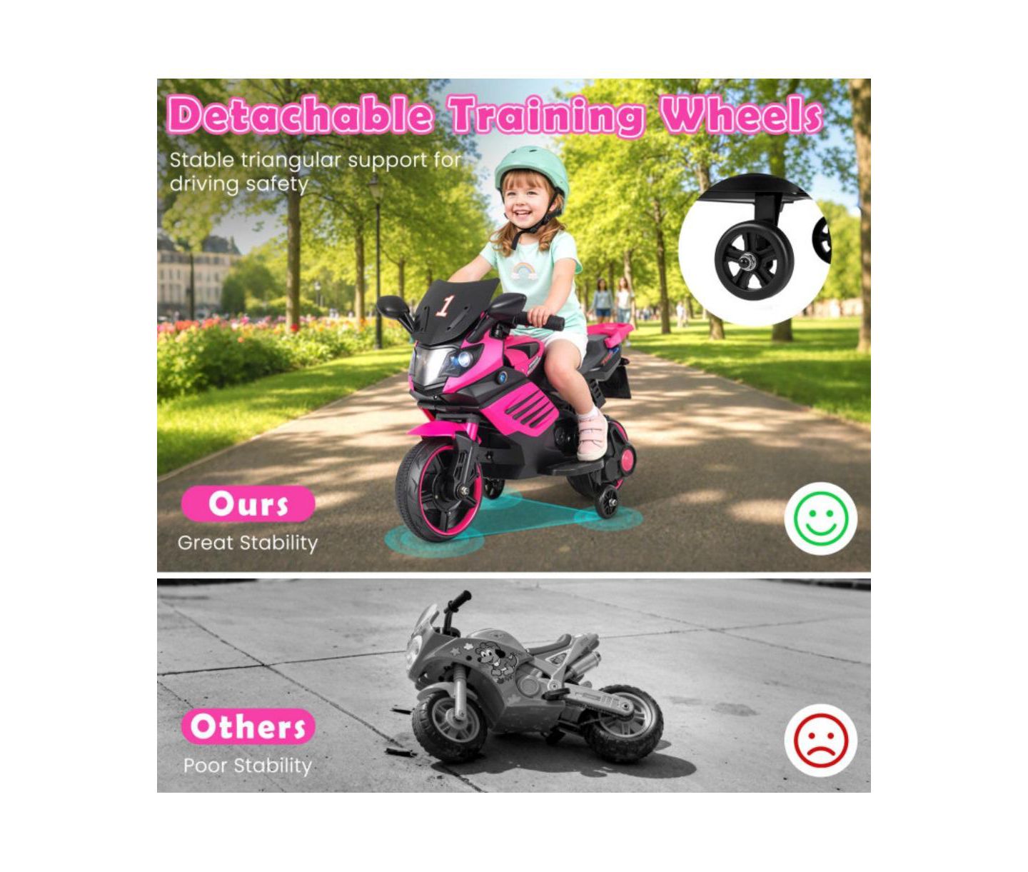 Детская игрушка HONGGE 6V Kids Motorcycle with Headlights Music and Training Wheels, цвет: Розовый — фото 6