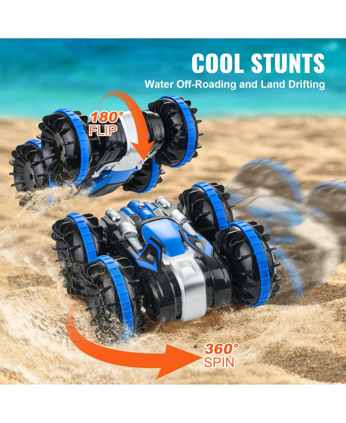 Mecale Amphibious Rc Car Boat, 2.4GHz 12 km/h 4WD Waterproof Car, 360° Rotating Stunt Vehicle with 2 Batteries, Toy for Kids 6