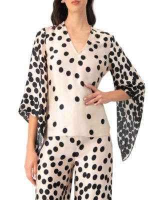 Women's Polka Dot V-Neck Blouse with Wide Sleeves