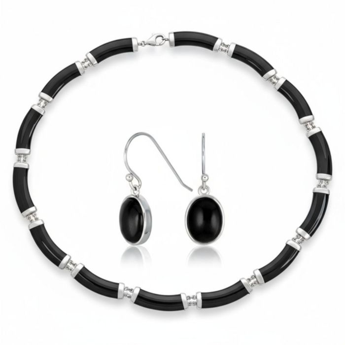 Bling Jewelry Onyx Strand Contoured Tube Bar Link Collar Necklace and