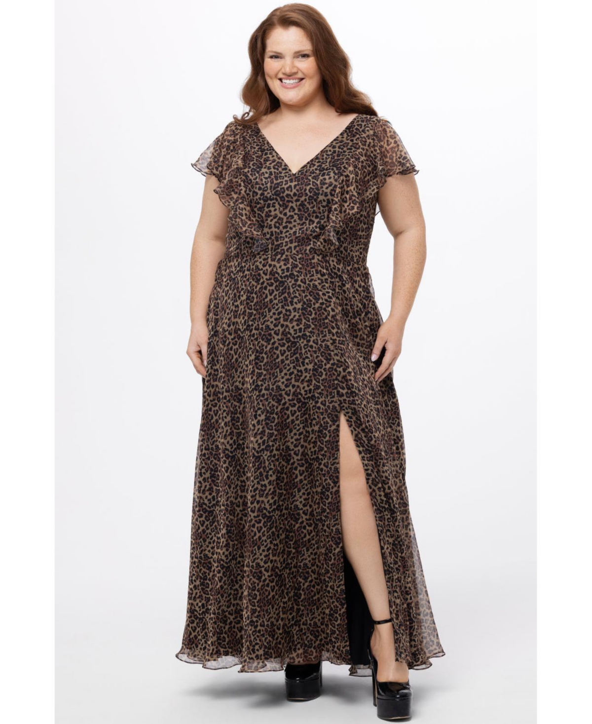 Celebrations by Sydney's Closet Women's Short Sleeve V-Neck Animal Print Dress with Slit