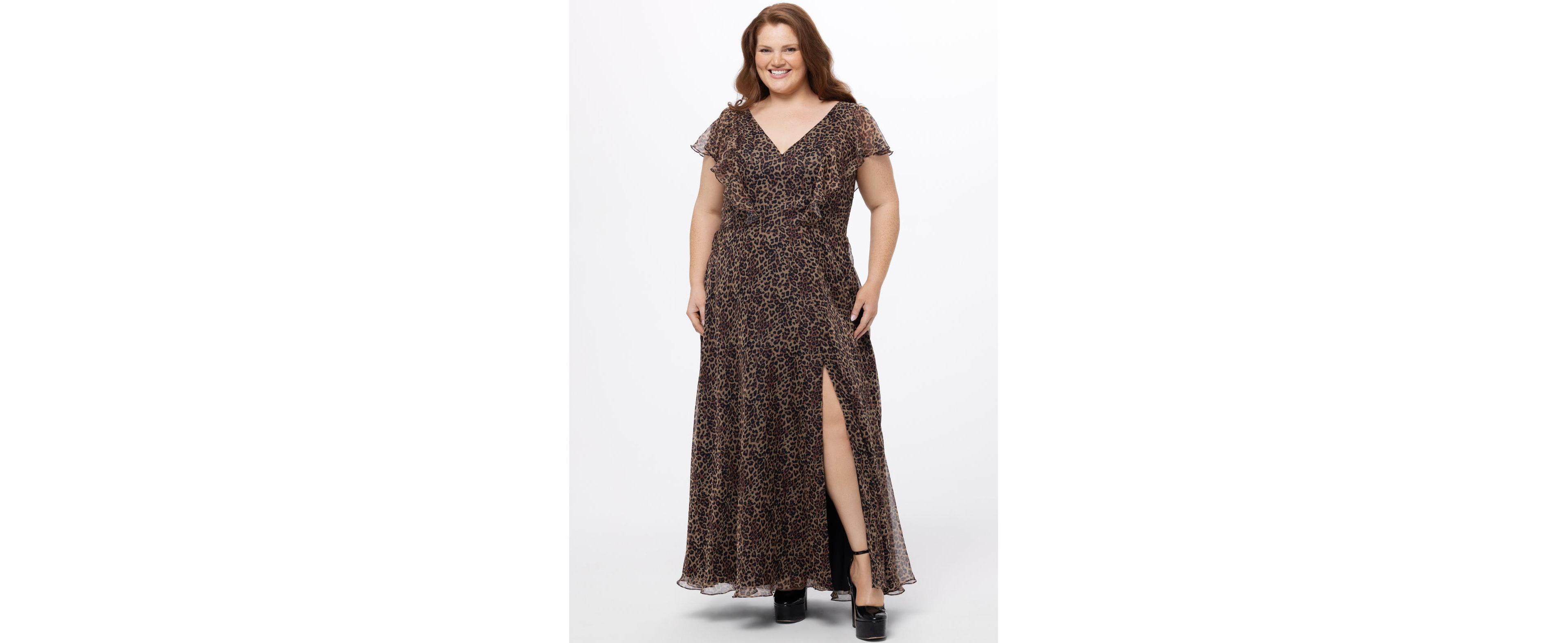 Celebrations by Sydney's Closet Women's Short Sleeve V-Neck Animal Print Dress with Slit