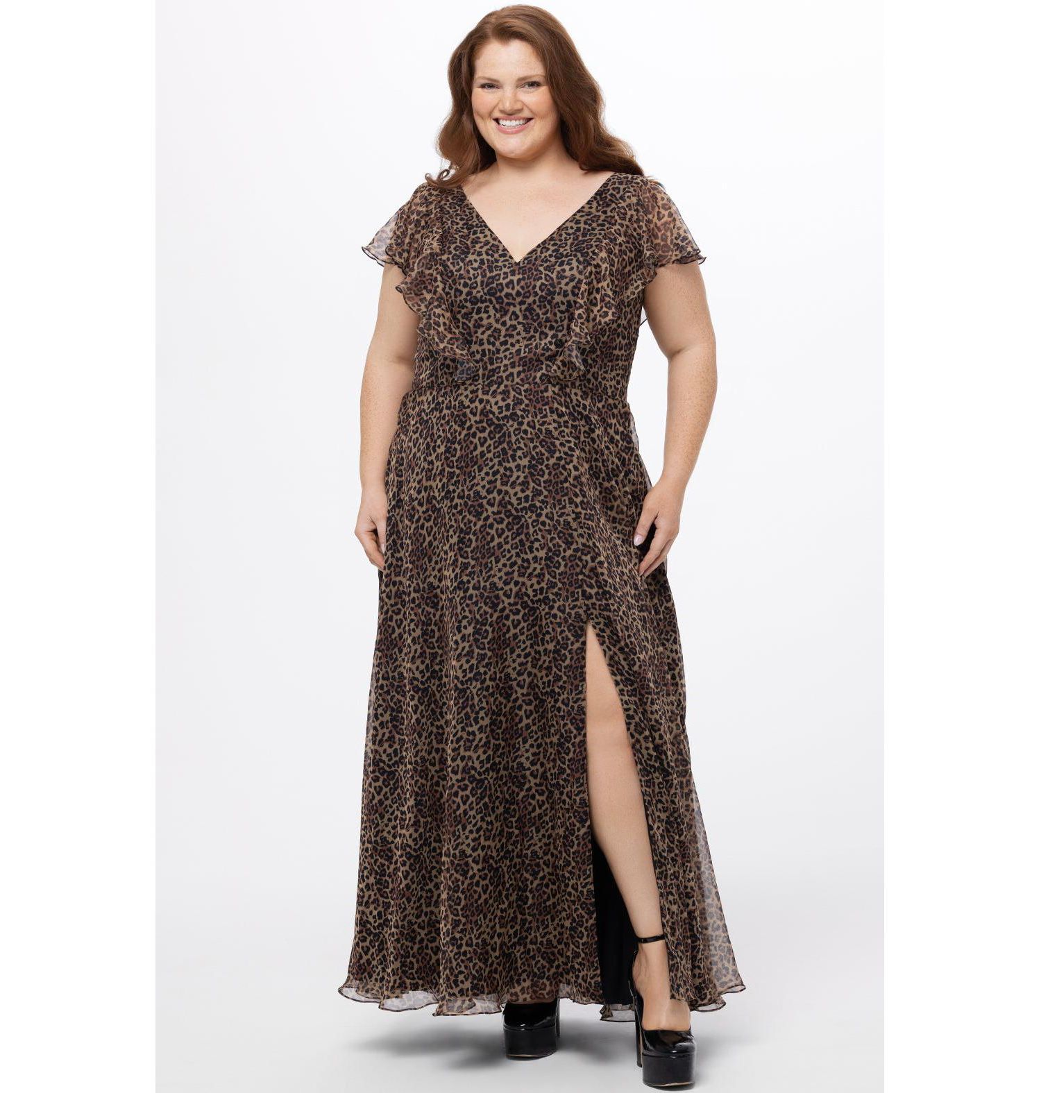 Women's Short Sleeve V-Neck Animal Print Dress with Slit