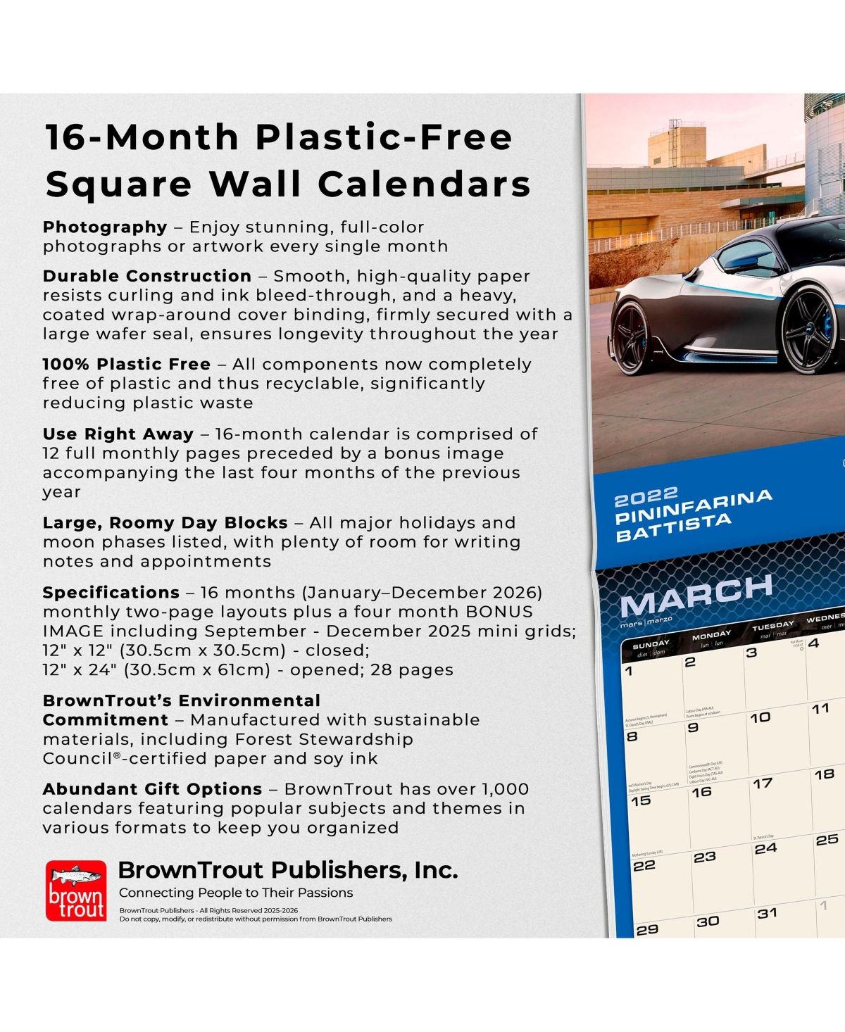 Motor Club Supercars | 2026 12 x 24 Inch (Hanging) Monthly Square Wall Calendar