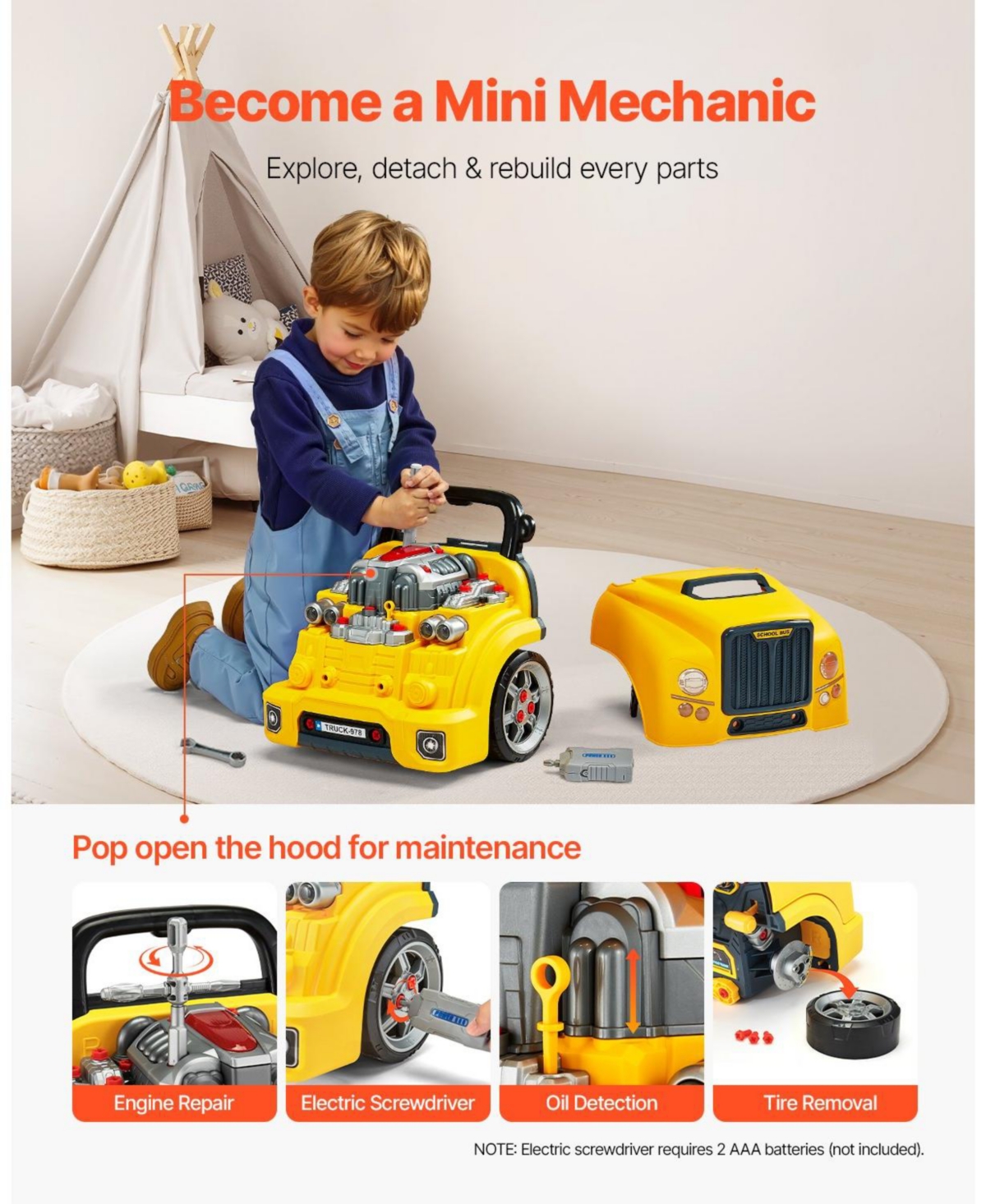 Mecale Engine Toy, 60 Pcs Car Repair Set with Lights & Sounds, Steering Wheel, Horn, Removable Parts, Mechanic Workshop Toy for Kids 3