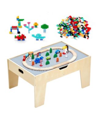 Activity Play Table, 290 Building Bricks & 30-Piece Wooden Train Set with Tracks & Storage, Multi-Purpose Table for Kids 3+