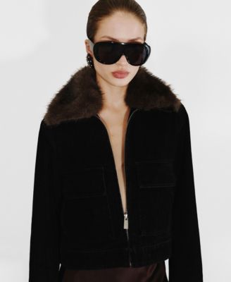 MANGO - Women's Fur Collar Corduroy Jacket