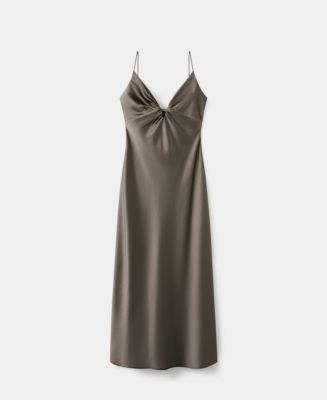 mango v neck satin dress MANGO - Satin Dress with gathered V-neckline Orange