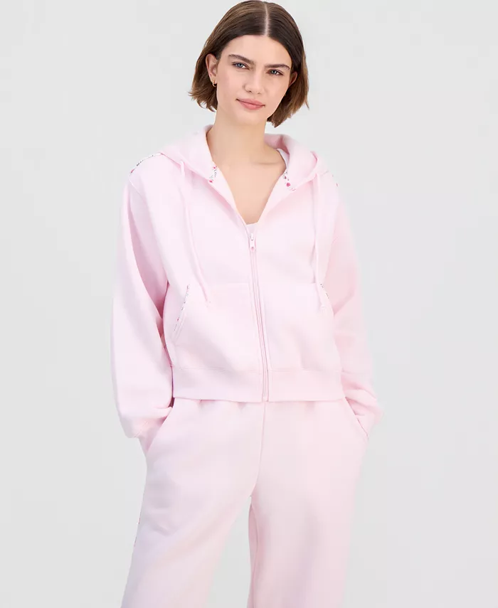 Juniors' Zip-Front Printed Piping Drawstring Hoodie