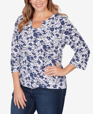 Plus Size Printed Stretch Jersey Horseshoe Neck Top