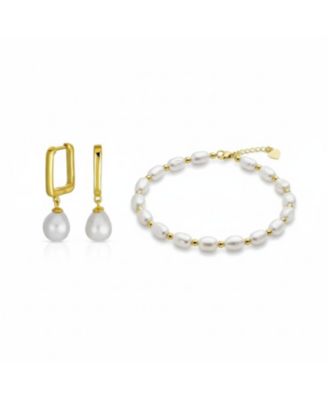 White Freshwater Baroque Pearl Bracelet & Teardrop Pearl Huggie Earrings Jewelry Set Gold Plated