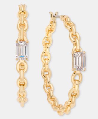 Gold-Tone Cubic Zirconia Chain Link Medium Hoop Earrings, 1.14"