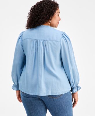 Plus Size Smocked-Yoke Cotton Chambray Blouse